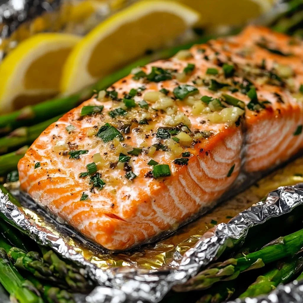 Baked salmon in foil with asparagus on a plate