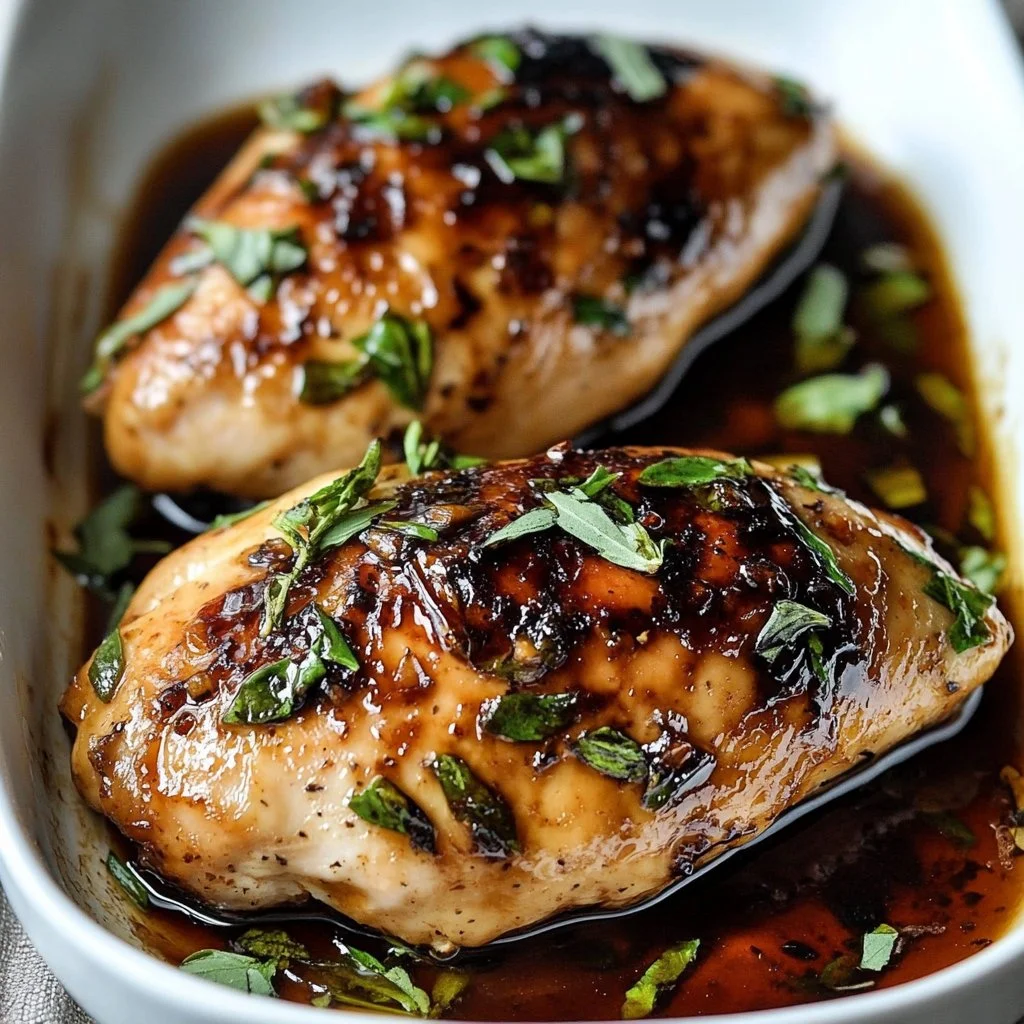 Balsamic baked chicken breast garnished with herbs and served on a plate