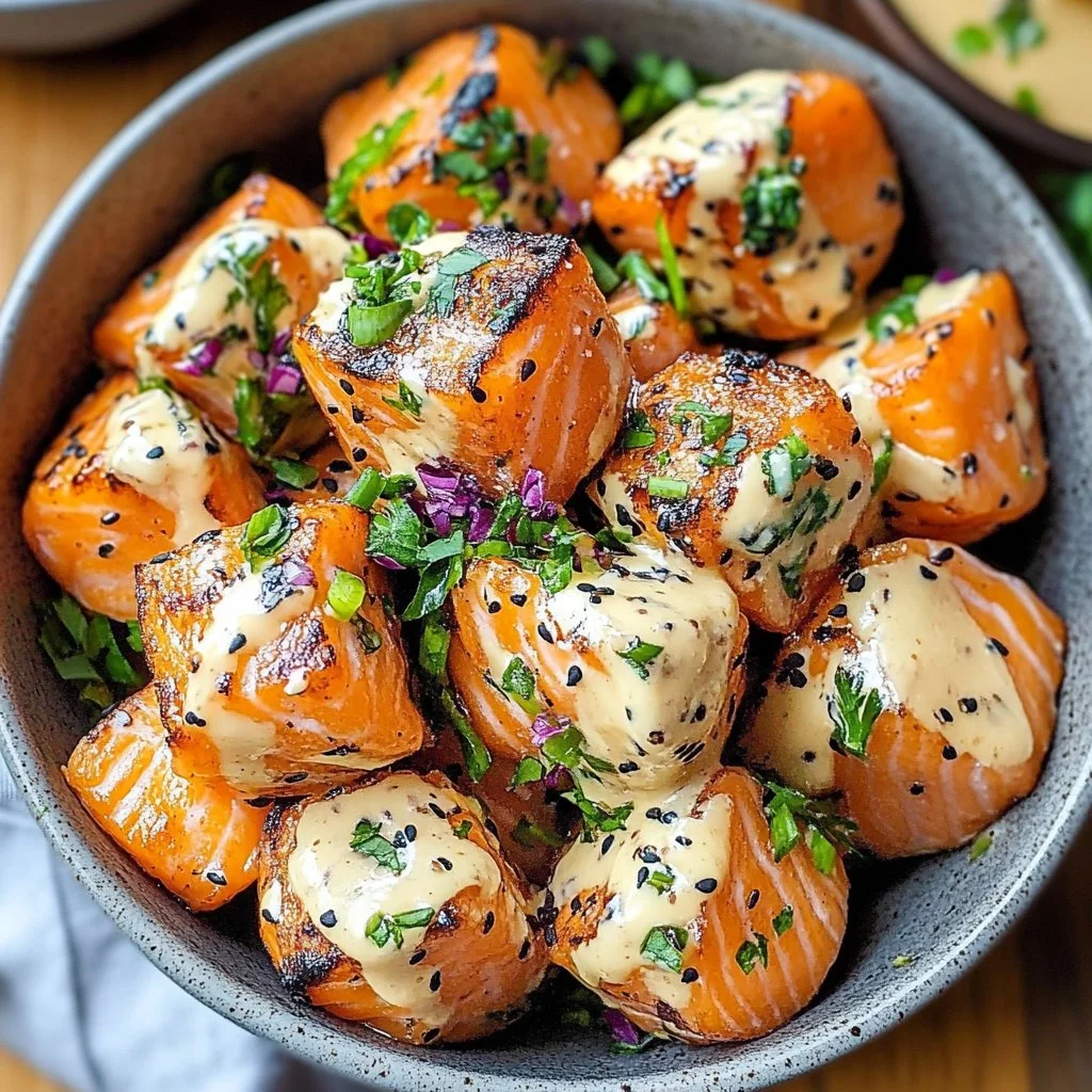 Bang Bang Salmon Bites served in a colorful bowl with fresh ingredients