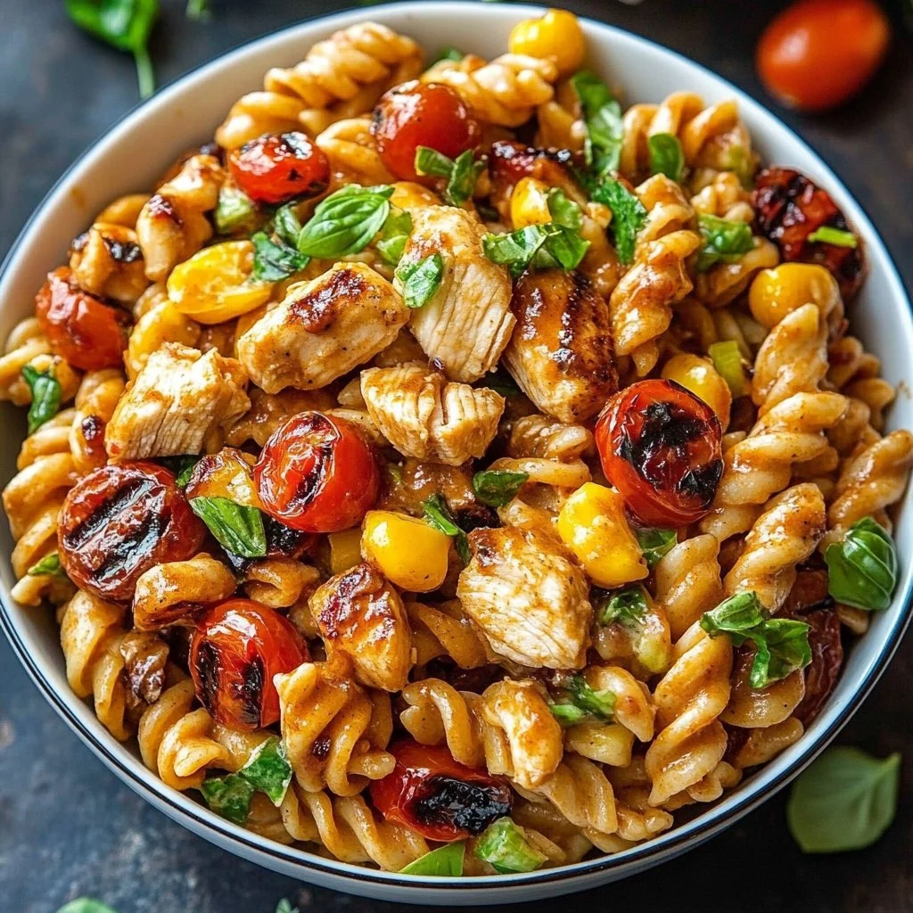 BBQ Chicken Ranch Pasta Salad with chicken, ranch dressing, and vegetables