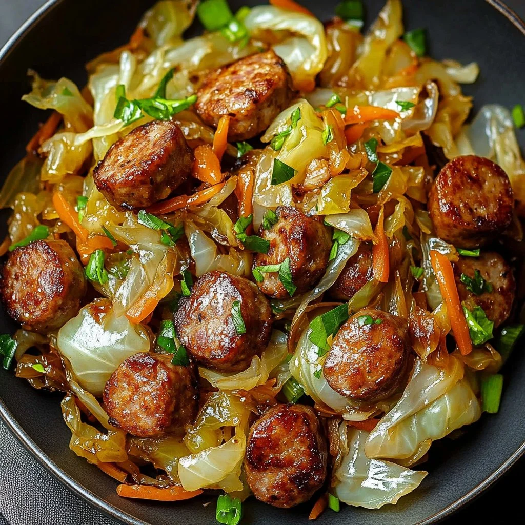 Beef sausage and cabbage stir fry on a plate, garnished and ready to serve.