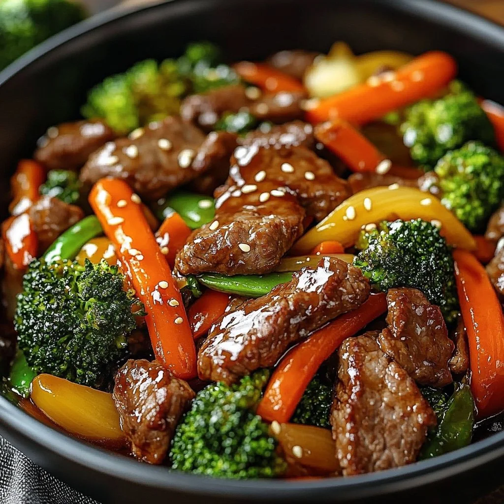 Beef stir fry with colorful vegetables served in a bowl