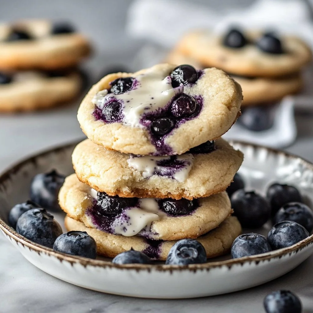 Freshly baked blueberry cheesecake cookies on a decorative plate