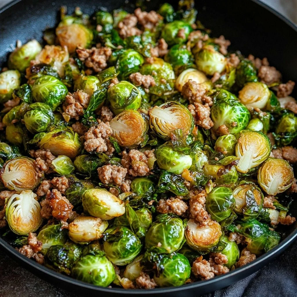 Brussels sprouts and ground turkey skillet in a pan garnished with herbs