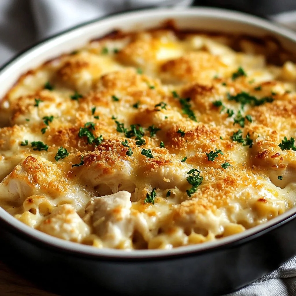 Delicious Buttery Million Dollar Chicken Casserole garnished and ready to serve