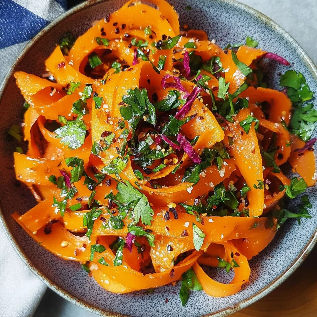 Carrot Ribbon Salad topped with Chili Crisp served in a bowl