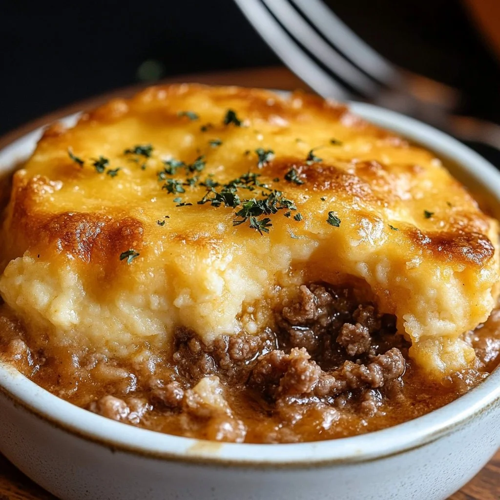 Cheddar Bay Ground Beef Cobbler with biscuit topping