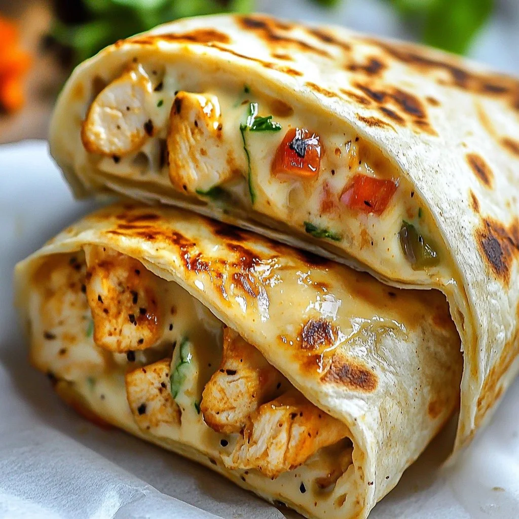 Delicious cheesy garlic chicken wraps garnished with fresh herbs