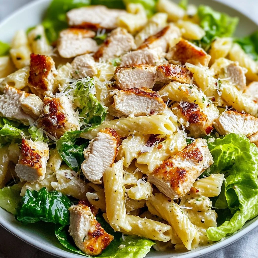 Delicious Chicken Caesar Pasta Salad with fresh ingredients