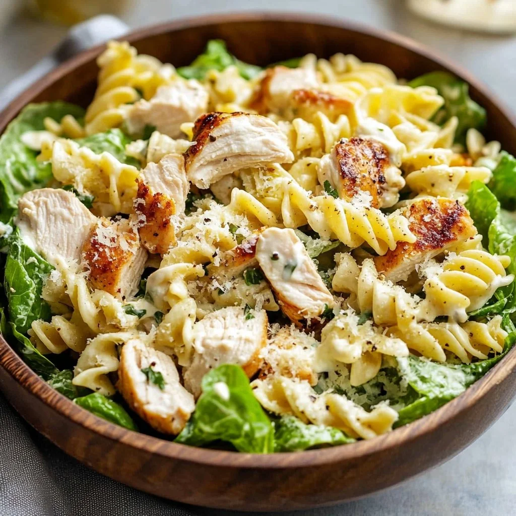 Delicious Chicken Caesar Pasta Salad served in a bowl with fresh ingredients