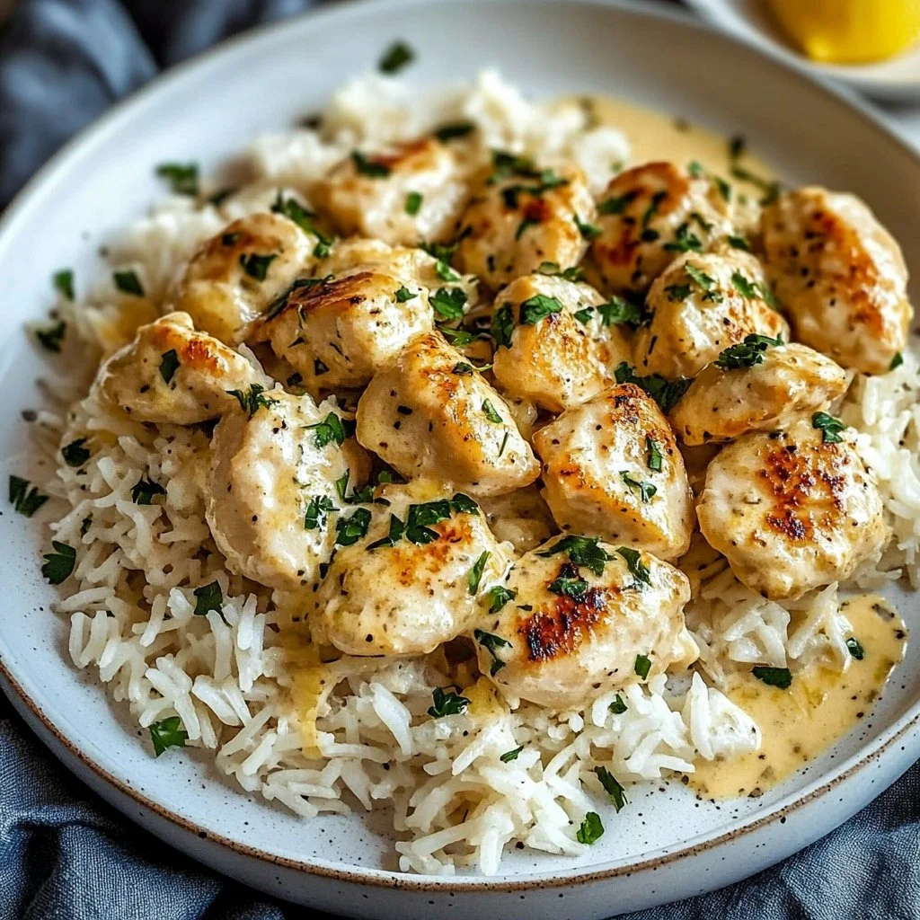 Delicious Chicken Scampi served with creamy garlic rice on a plate