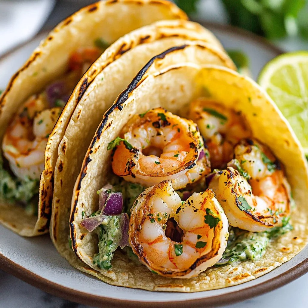 Cilantro Lime Shrimp Tacos topped with fresh cilantro and lime wedges