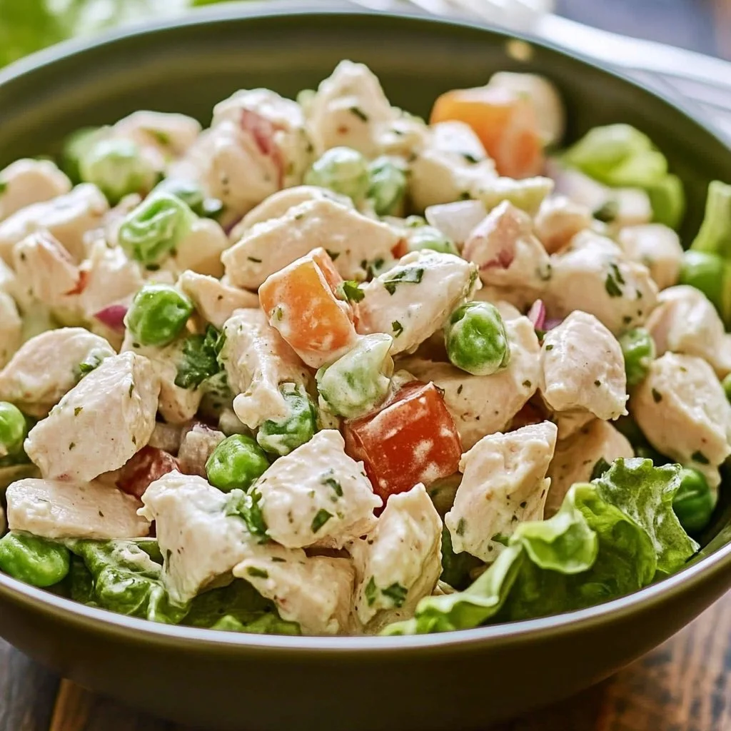 Bowl of classic chicken salad with fresh vegetables and herbs