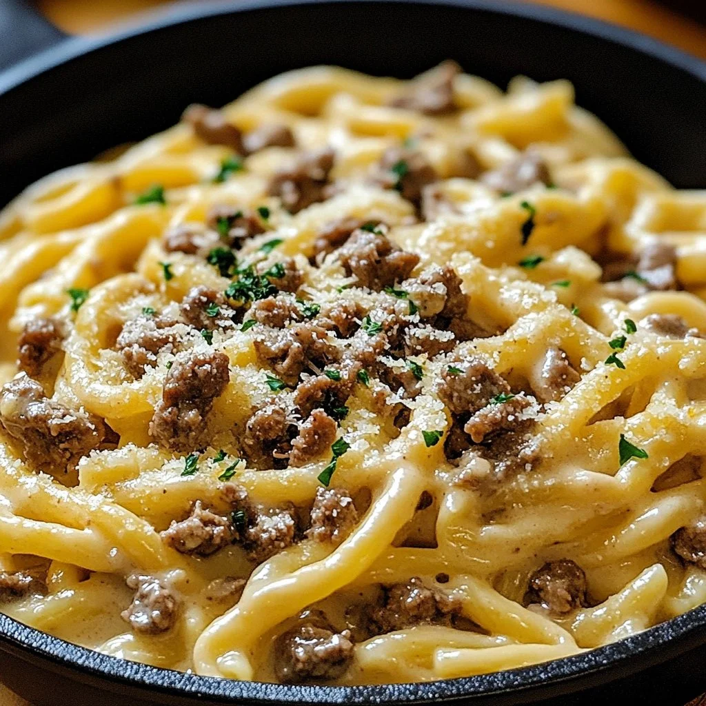 Creamy beef and garlic butter pasta served in a bowl with herbs