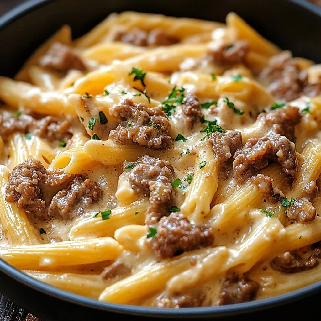 Bowl of creamy beef pasta topped with herbs and cheese
