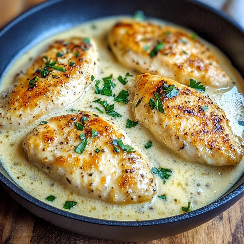Creamy garlic parmesan chicken dish garnished with parsley on a plate