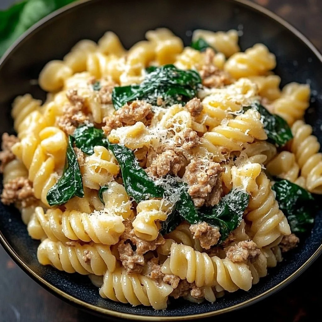 Creamy ground turkey spinach pasta in a bowl with fresh herbs