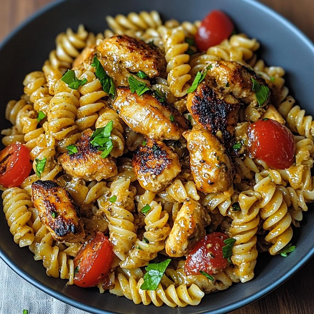 Delicious creamy rasta pasta topped with jerk chicken and fresh vegetables