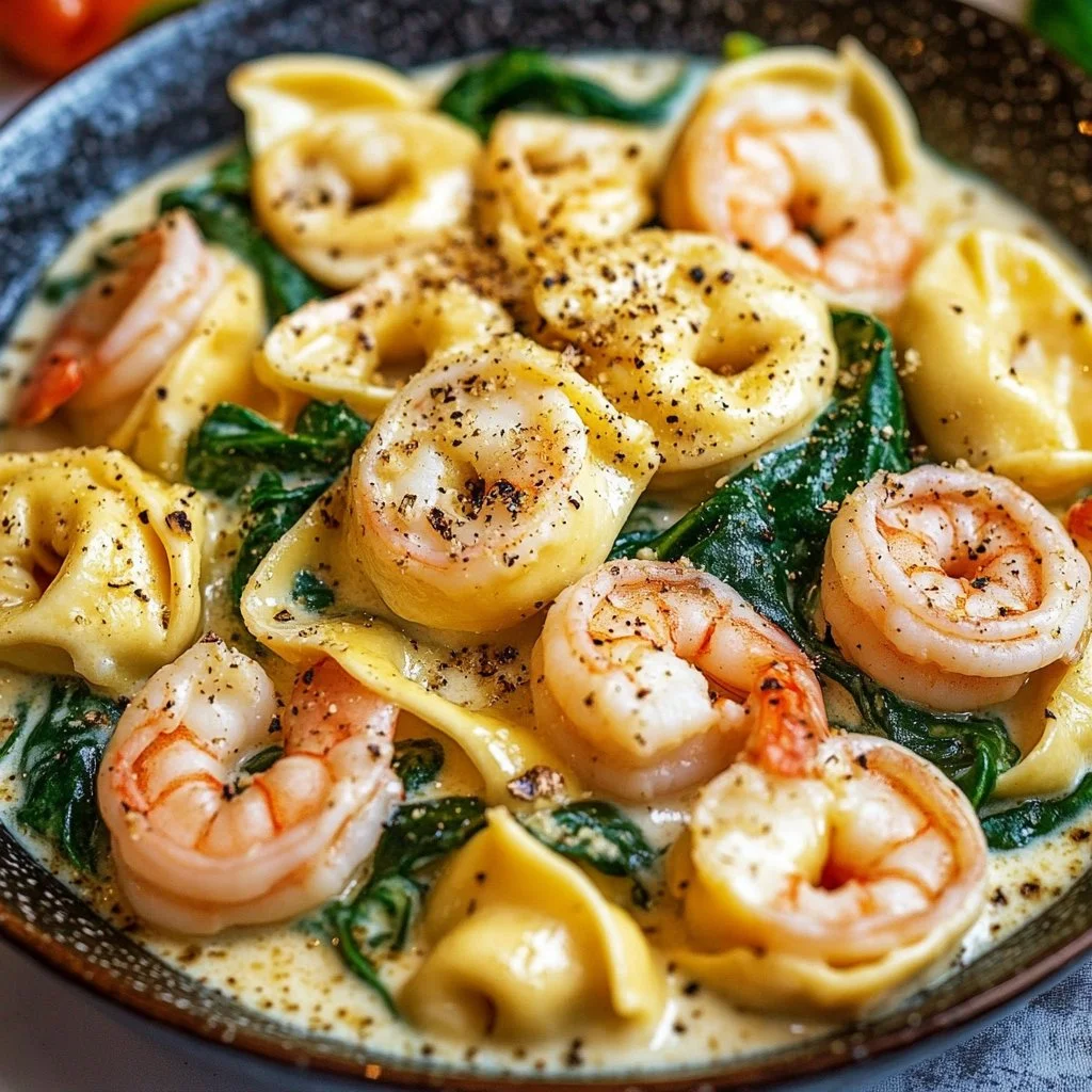 Creamy shrimp and spinach tortellini served in a bowl