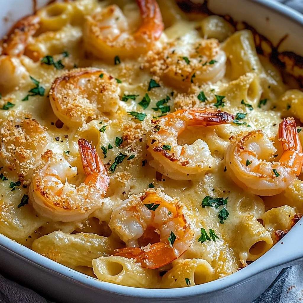 Creamy shrimp scampi pasta bake topped with parsley and cheese.
