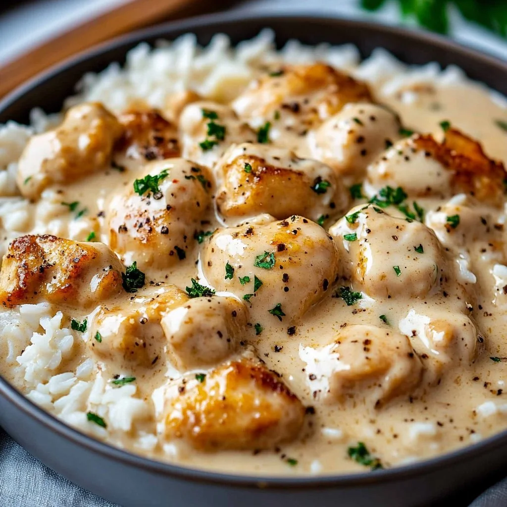 Creamy smothered chicken served over rice in a bowl