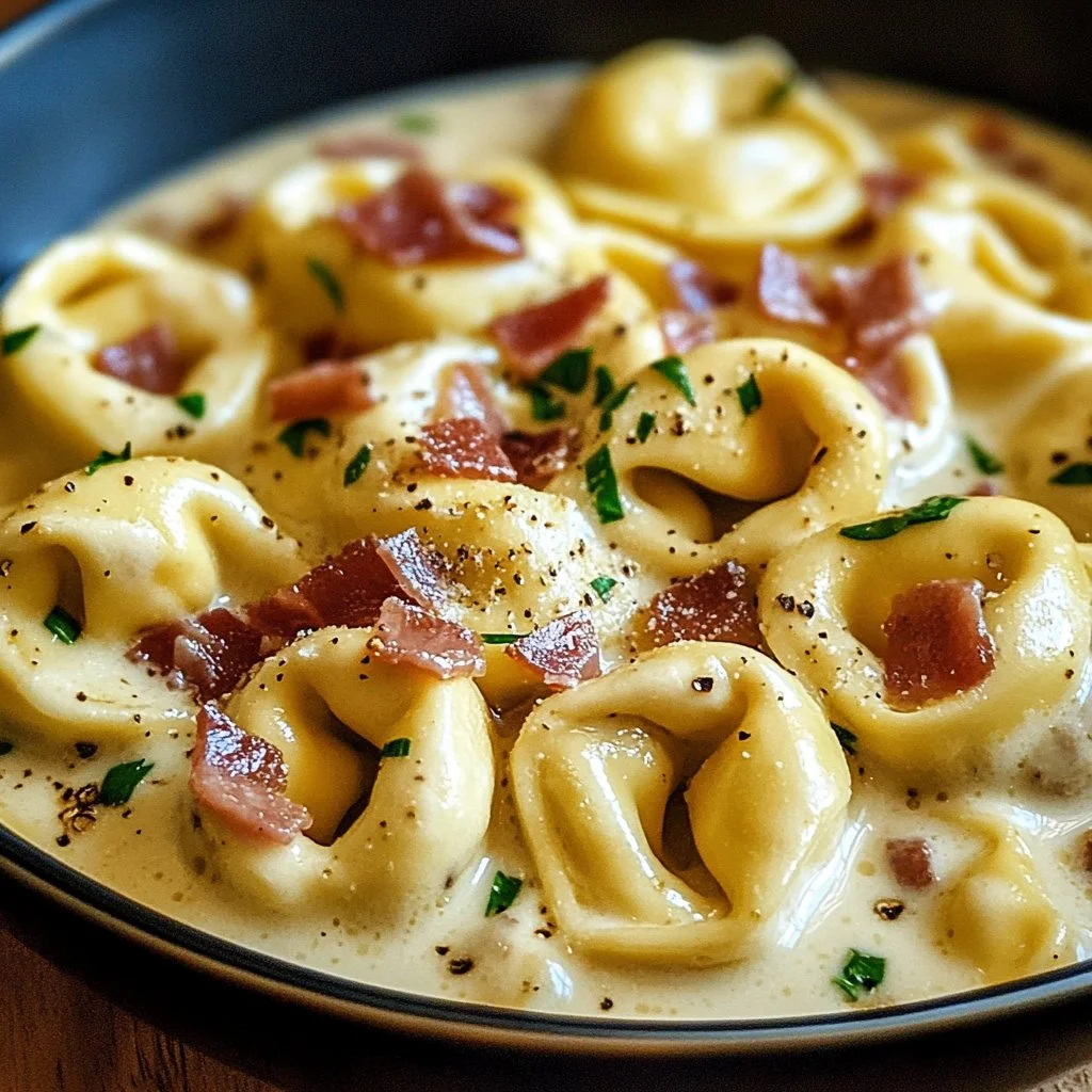 Creamy tortellini carbonara dish garnished with parsley and cheese