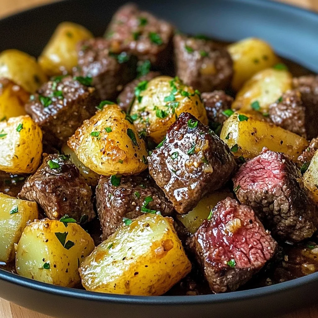 Crock Pot Garlic Butter Steak Bites plated with herbs and garlic