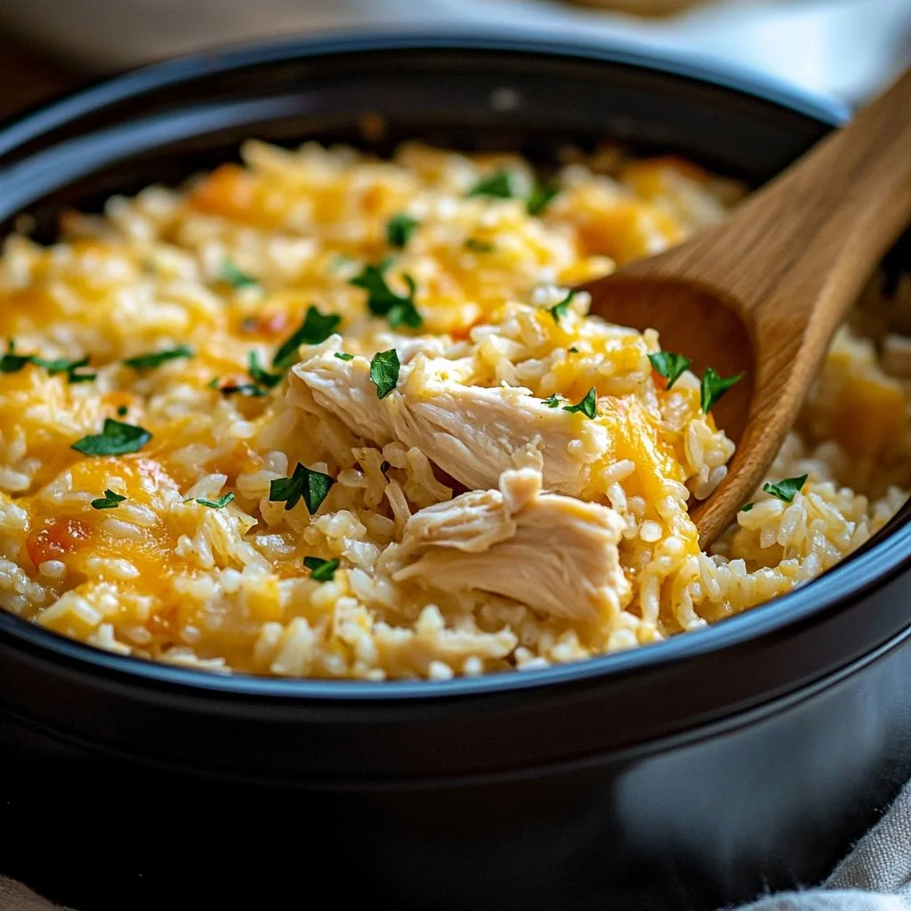 Delicious Crockpot chicken and rice casserole with vegetables and cheese