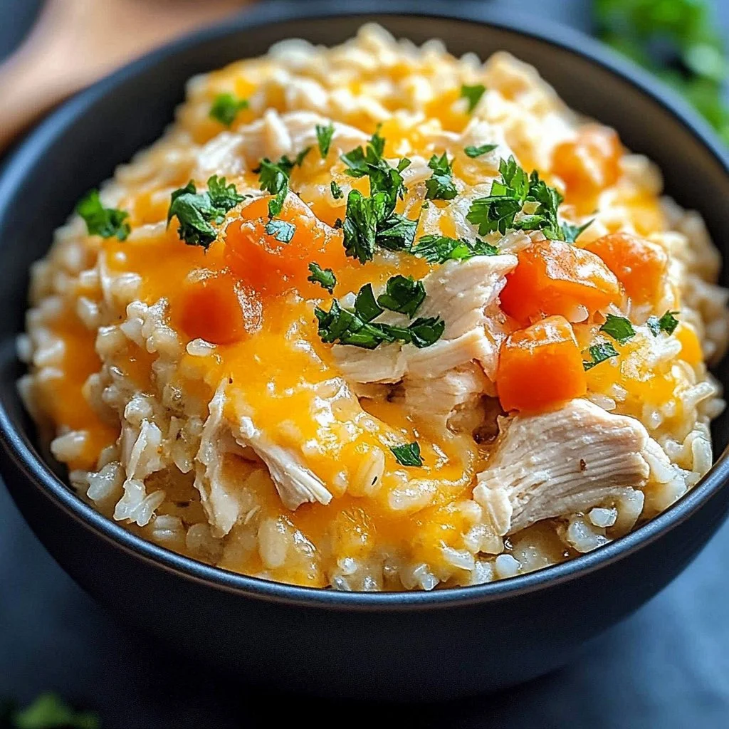 Crockpot Chicken and Rice Casserole served in a dish with fresh herbs on top.