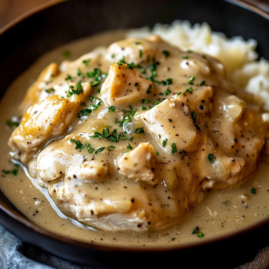 Crockpot Chicken with Creamy Gravy served in a bowl