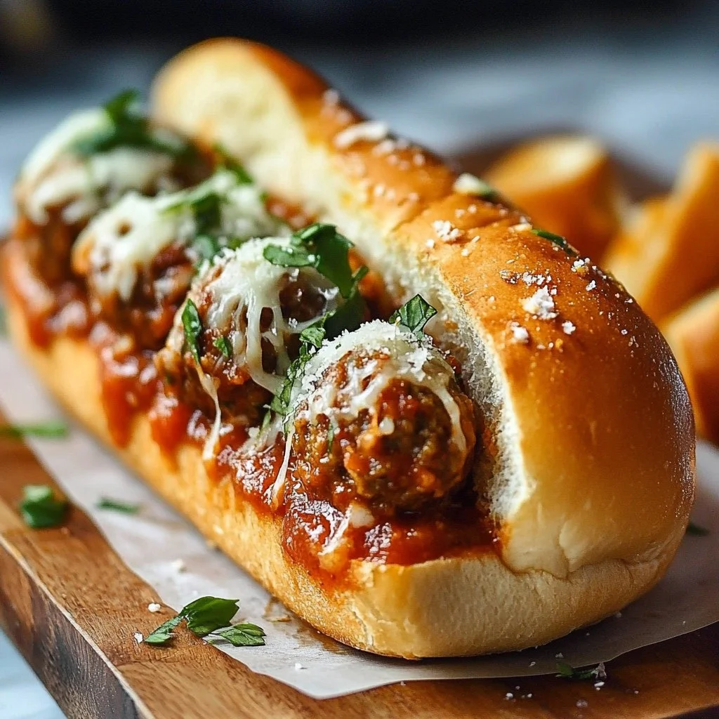Crockpot meatball subs served with marinara sauce and melted cheese