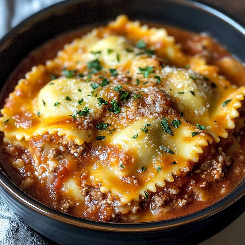 Crockpot Ravioli Lasagna dish served with a side salad.