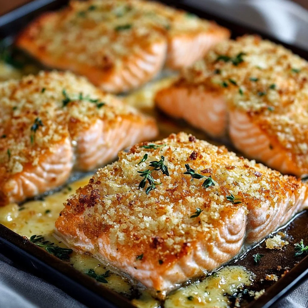 Crispy crusted Parmesan baked salmon on a plate with herbs