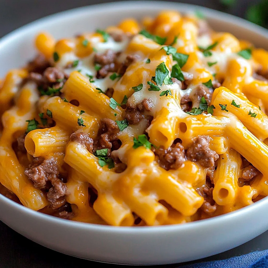 Delicious crockpot cheesy crack beef pasta in a bowl with cheese and herbs