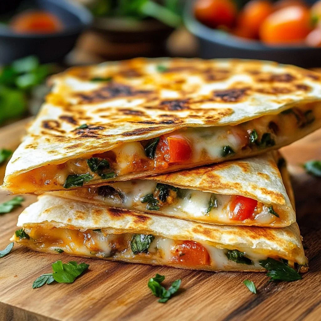 Delicious Easy Mediterranean Quesadilla with fresh vegetables and cheese