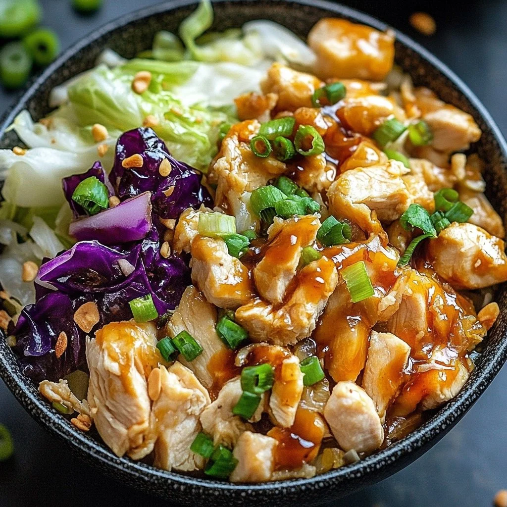 Delicious egg roll bowls with chicken, cabbage, and colorful vegetables
