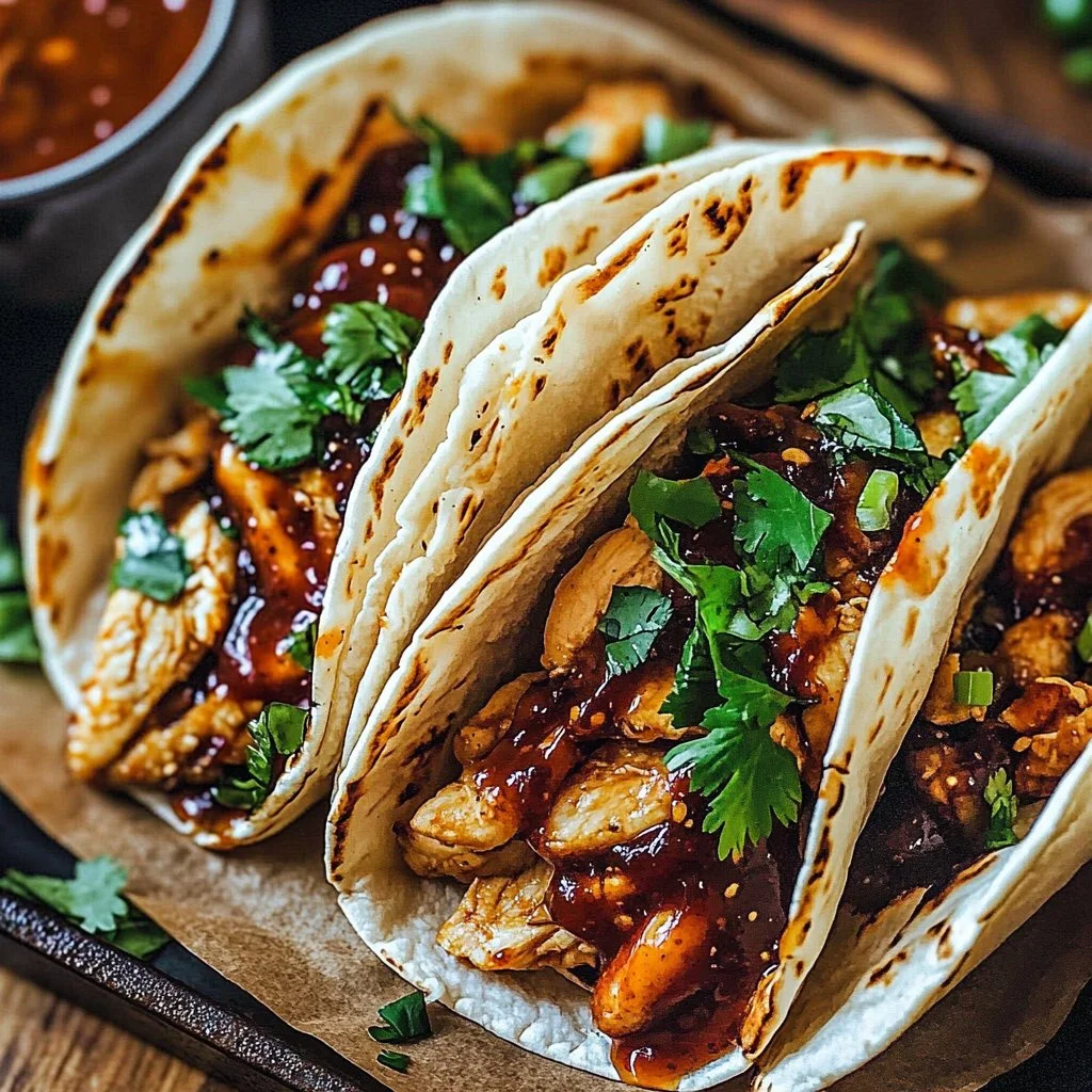Delicious garlic butter honey BBQ chicken tacos on a plate