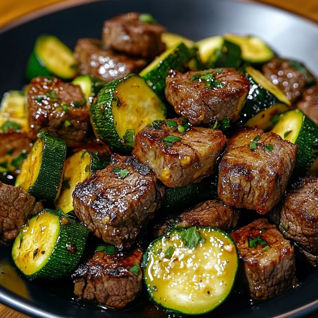 Garlic Butter Steak Bites served with sautéed zucchini on a plate