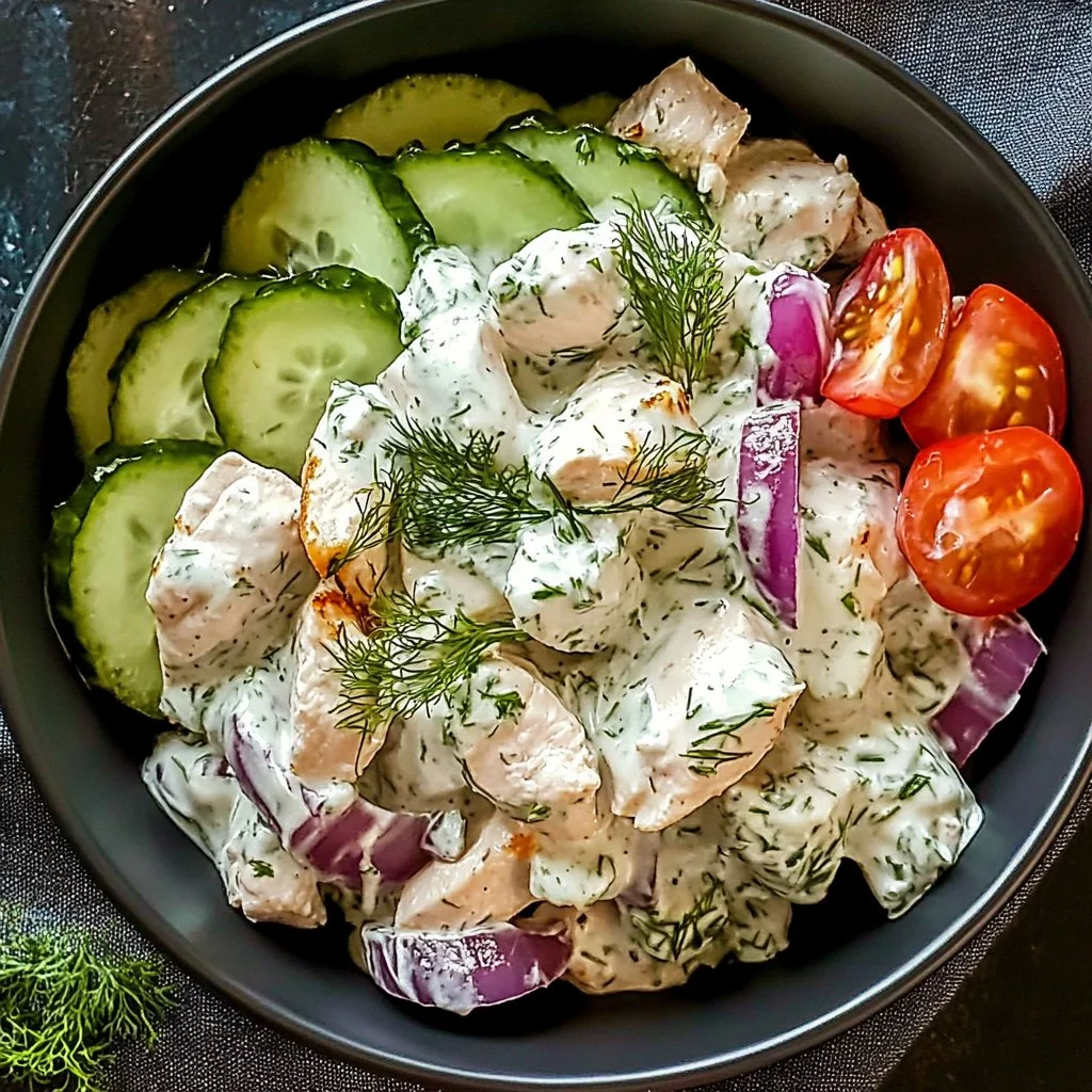 Delicious Greek Tzatziki Chicken Salad with fresh herbs and vegetables