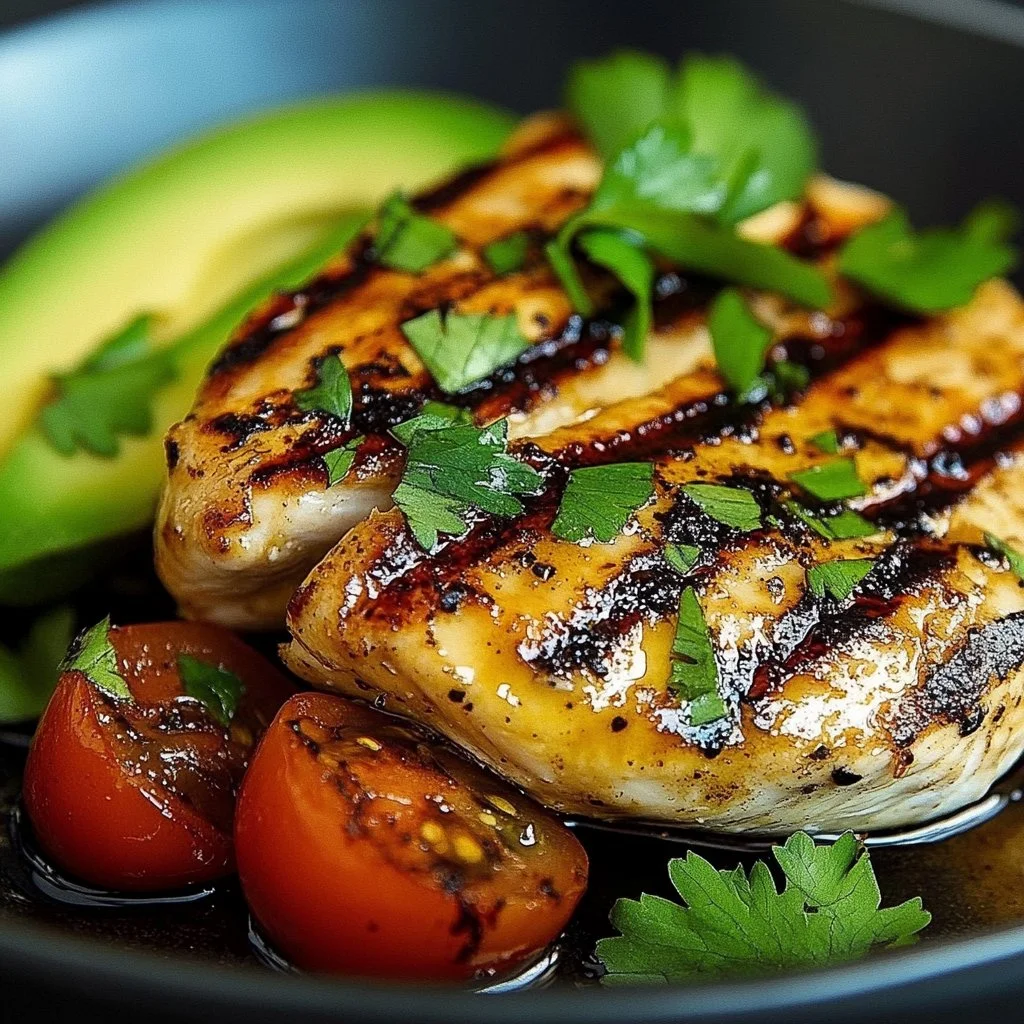 Grilled avocado chicken with fresh herbs and spices on a plate