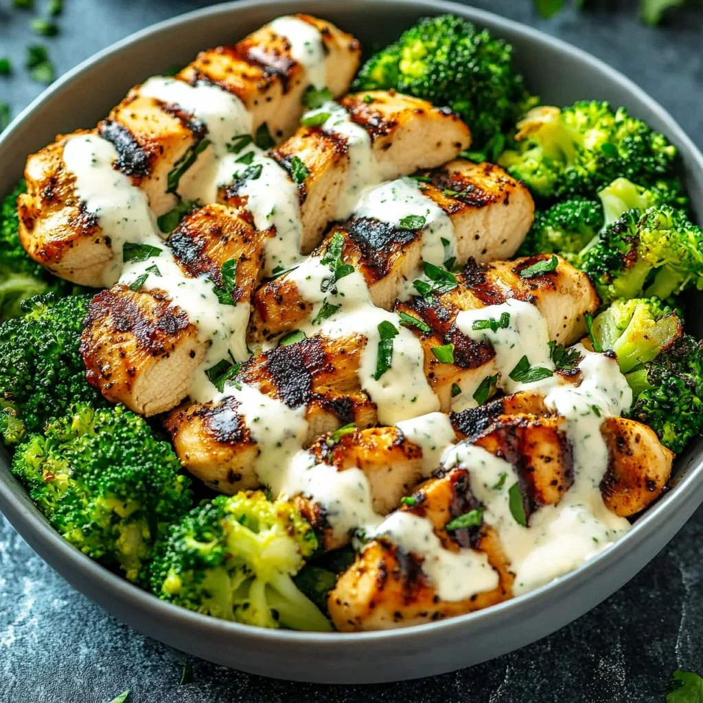 Grilled Chicken and Broccoli Bowls with Creamy Garlic Sauce