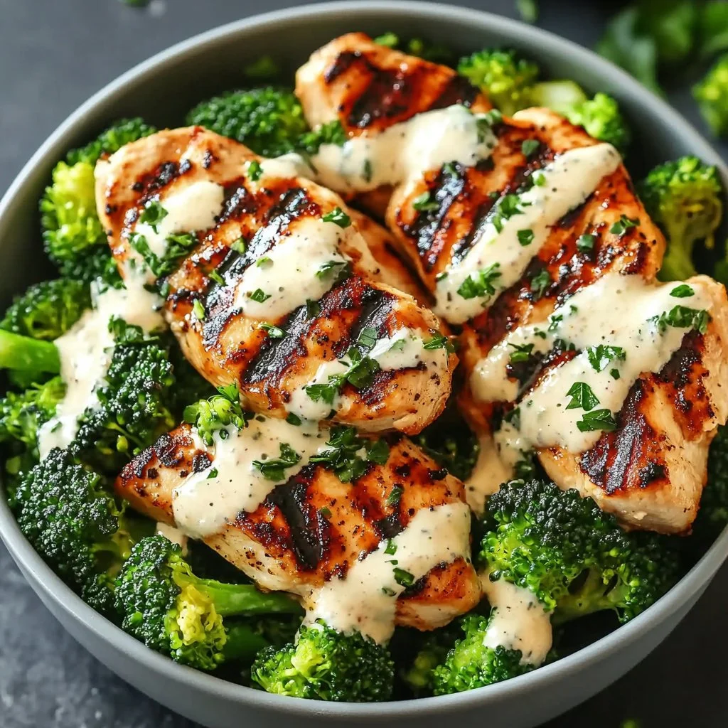 Grilled chicken broccoli bowls with vibrant vegetables and savory sauce