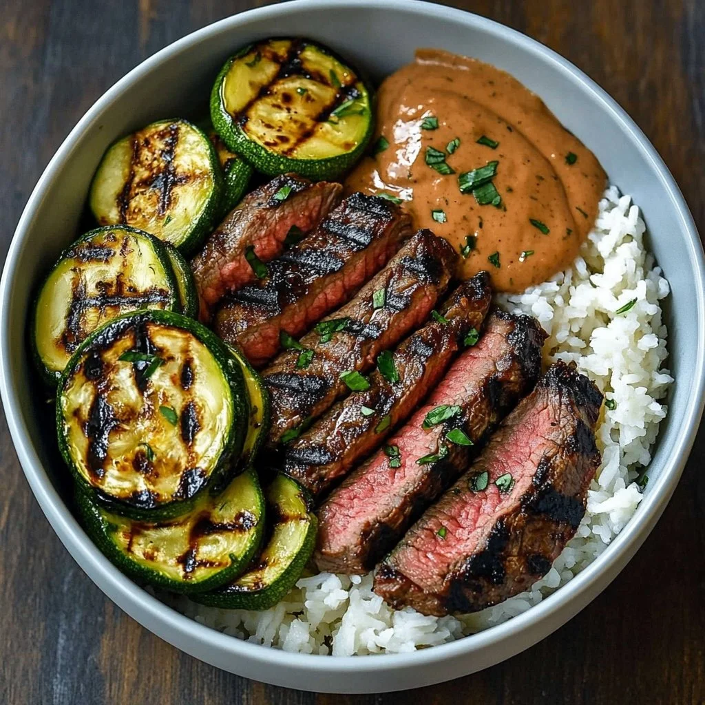 Delicious grilled steak bowl with zucchini and fresh vegetables