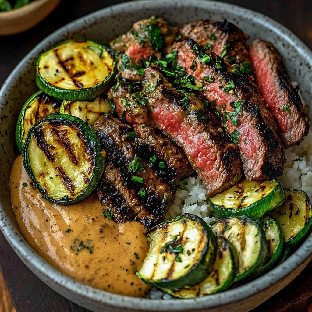 Grilled Steak Bowl with Sauce and Grilled Zucchini Bliss