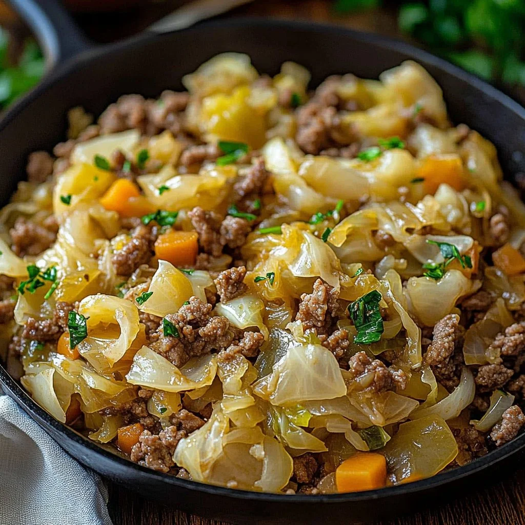 Ground beef and cabbage skillet dish ready to serve