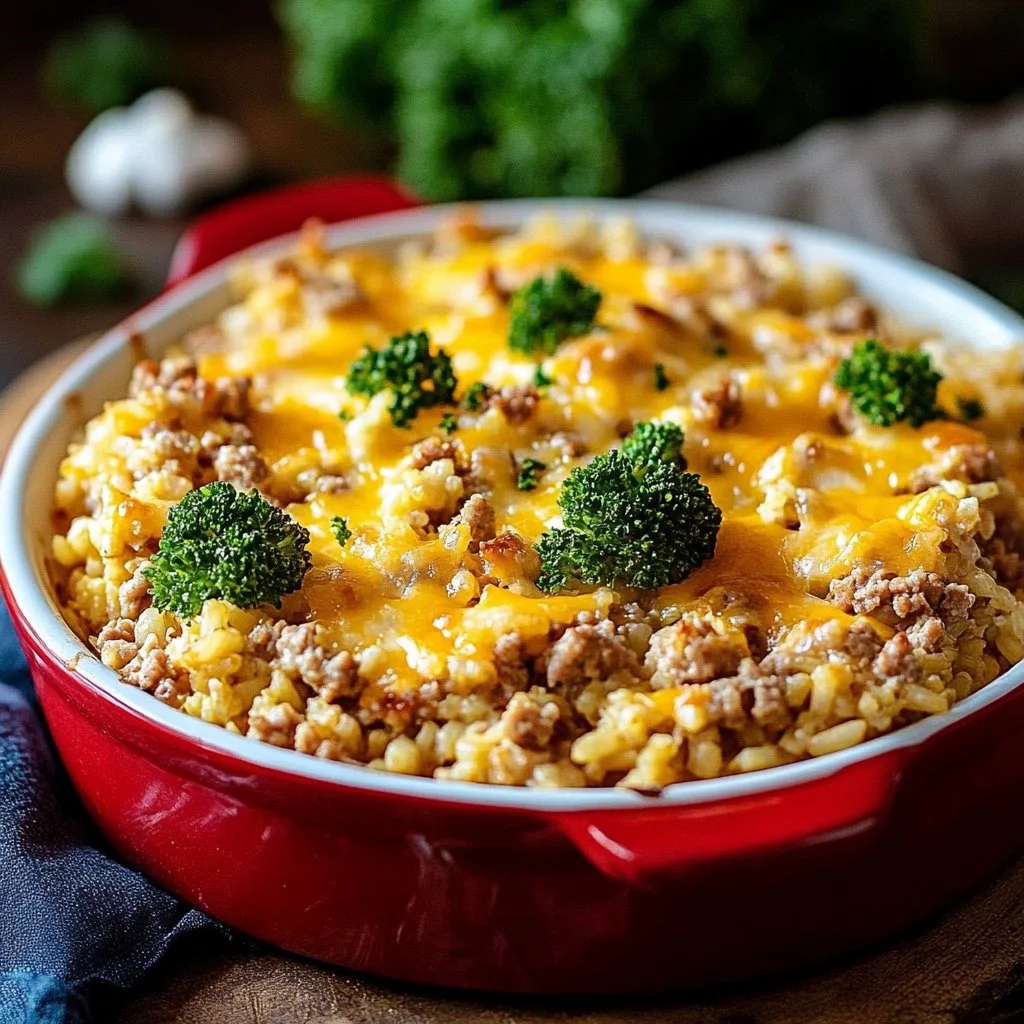 Baked ground turkey rice casserole topped with cheese and herbs