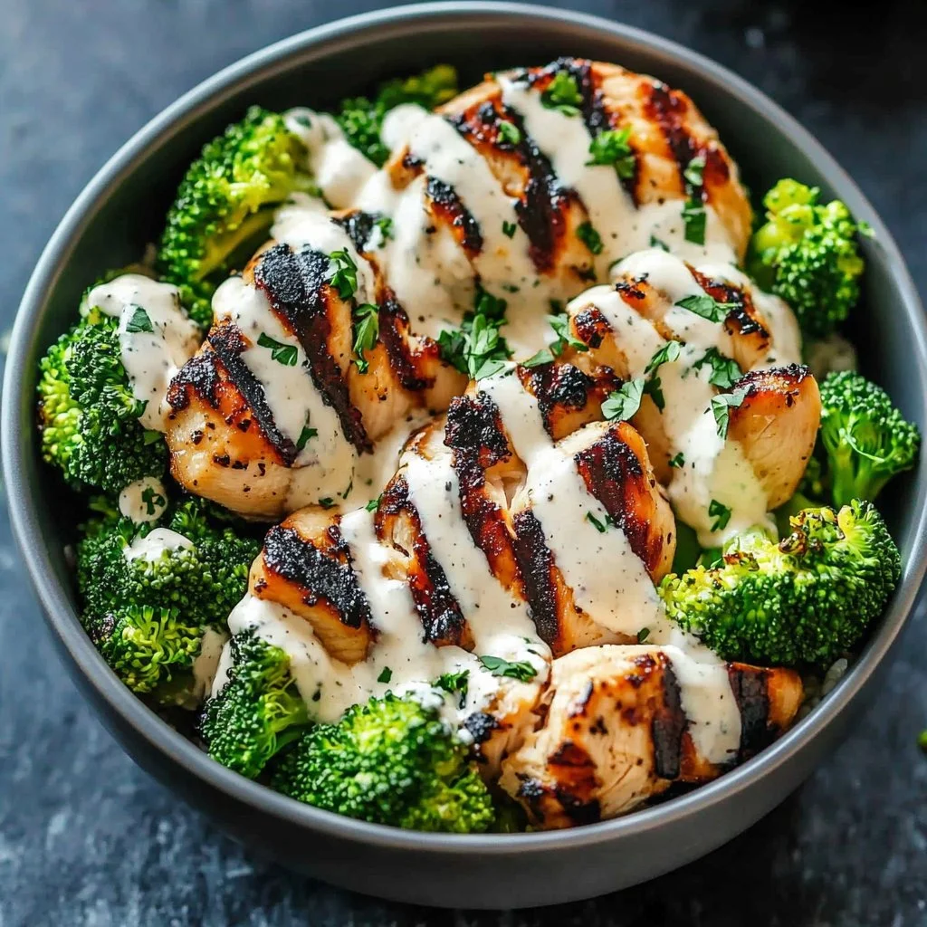 Healthy grilled chicken broccoli bowl with vibrant veggies and delicious seasoning