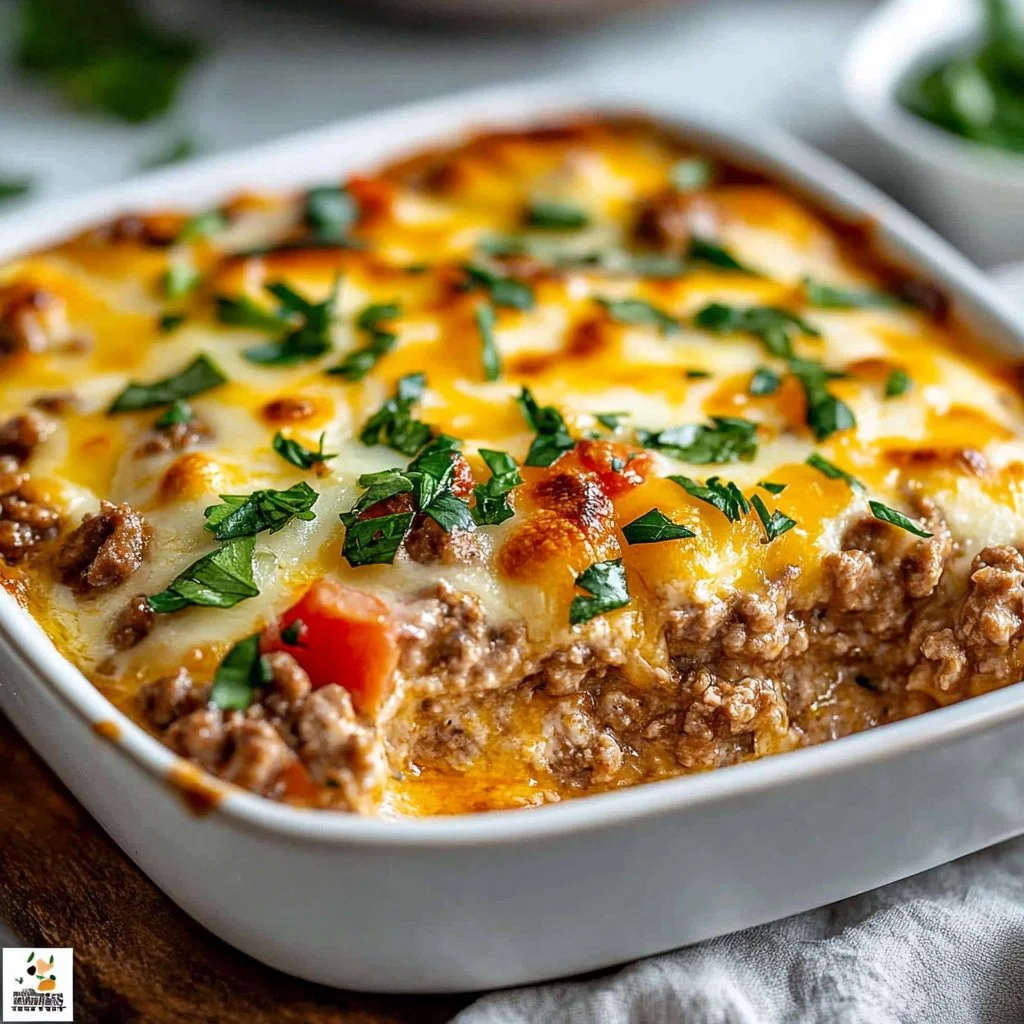 High protein ground turkey casserole topped with vegetables and cheese