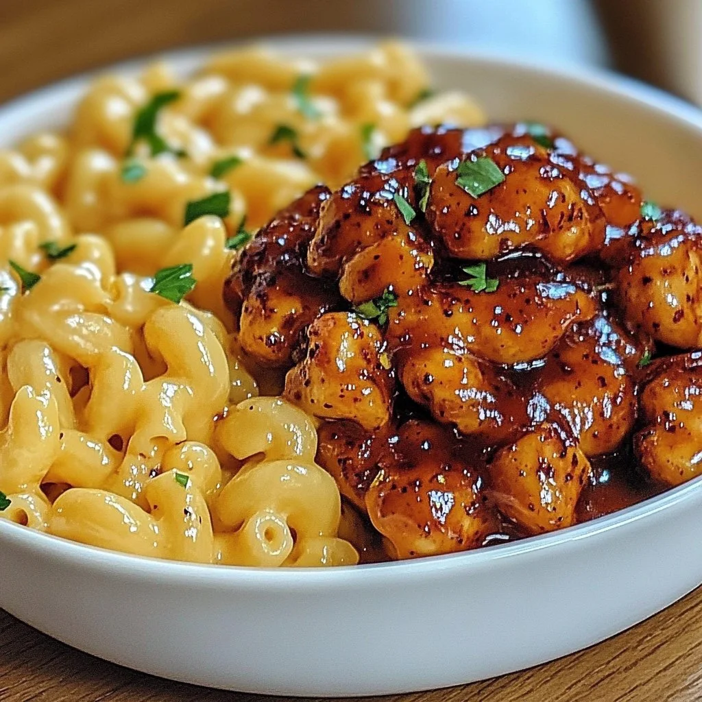 Delicious Honey Pepper Chicken served with cheesy macaroni, a perfect dinner duo.