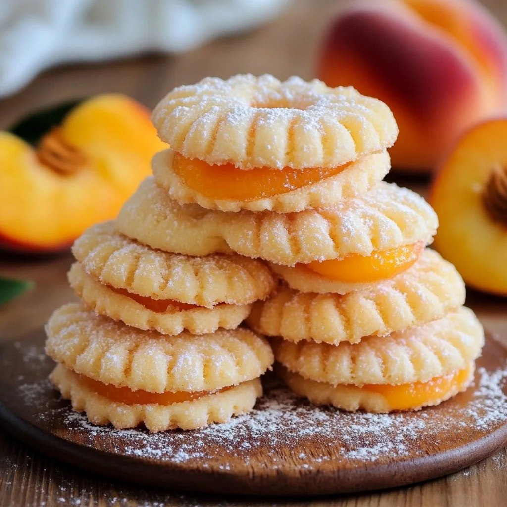 Homemade Italian Peach Cookies decorated with sugar and peach filling